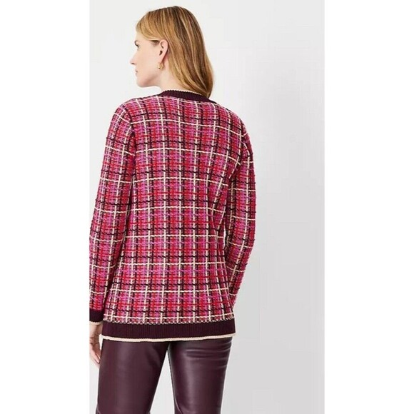 Ann Taylor Tweed Sweater Jacket LP Pink Red Woven Knit Button-Front‎ Tunic - Picture 8 of 13